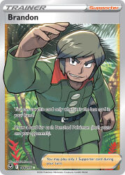 1boy arm_up artist_name belt black_belt blue_eyes brandon_(pokemon) card_(medium) character_name company_name copyright_name copyright_notice english_text green_jacket green_pants grey_hair ishikawa_hideki jacket long_sleeves male_focus nintendo official_art outdoors pants plant pokemon pokemon_card pokemon_emerald pokemon_rse pokemon_tcg short_hair smile sweatdrop thick_eyebrows third-party_source trading_card