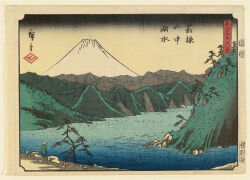 19th_century 1boy ando_hiroshige facing_away fine_art_parody gradient_sky green_kimono hat highres japan japanese_clothes kimono landscape mount_fuji mountain mountainous_horizon nihonga original outdoors parody scenery sky straw_hat thirty-six_views_of_mount_fuji_(hiroshige) traditional_media translation_request tree ukiyo-e water yellow_sky