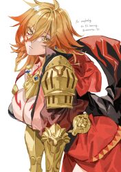 1girl absurdres amanatsu_710 armor bikini black_coat blonde_hair braid breasts cape chest_tattoo clawed_gauntlets coat commentary earrings facial_tattoo genderswap genderswap_(mtf) gold_earrings gold_necklace gradient_hair hair_between_eyes highres honkai:_star_rail honkai_(series) jewelry large_breasts medium_hair micro_bikini multicolored_hair mydei_(honkai:_star_rail) necklace open_clothes open_coat pauldrons red_cape red_hair red_tattoo shoulder_armor side_braid simple_background single_pauldron solo swimsuit tattoo watermark white_background yellow_eyes