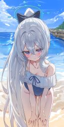 1girl absurdres bare_shoulders beach blue_archive blue_eyes blue_halo blue_one-piece_swimsuit blue_sky casual_one-piece_swimsuit cloud cloudy_sky day feet_out_of_frame frilled_one-piece_swimsuit frills grey_hair hair_between_eyes halo hands_on_own_thighs highres horizon kerno leaning_forward looking_at_viewer miyako_(blue_archive) miyako_(swimsuit)_(blue_archive) ocean off-shoulder_one-piece_swimsuit off_shoulder official_alternate_costume one-piece_swimsuit outdoors ponytail revision sky solo standing swimsuit
