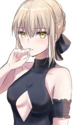 1girl arm_up saber_alter_(swimsuit_rider) artoria_pendragon_(fate) bare_arms bare_shoulders black_ribbon blonde_hair braid breasts cleavage fate/grand_order fate_(series) hair_ribbon highres looking_at_viewer open_mouth ribbon saber_alter sii_artatm simple_background solo upper_body white_background yellow_eyes