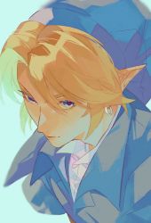 1boy alternate_costume blonde_hair blue_eyes blue_hat close-up earrings hair_between_eyes hat highres jewelry link male_focus nintendo parted_bangs pisu_1107 pointy_ears shirt short_hair sidelocks solo the_legend_of_zelda upper_body white_shirt zora
