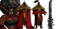 1girl afro armor black_hair character_request cloak covered_eyes dark-skinned_female dark_skin ear_piercing face_piercing full_armor grin highres holding holding_sword holding_weapon long_pointy_ears multiple_views muscular muscular_female nose_piercing original pauldrons piercing plume pointy_ears red_cloak shoulder_armor smile sword teeth tiktok_logo tiktok_username venommoe weapon white_background