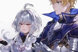 1boy 1girl antenna_hair aqua_eyes armor arthur_pendragon_(fate) black_gloves blonde_hair blue_cape cape commentary_request expressionless fate/grand_order fate/prototype fate_(series) fingerless_gloves frown gauntlets gloves grey_hair hair_intakes merlin_(fate/prototype) pink_eyes pointy_ears smile waltz_(tram)