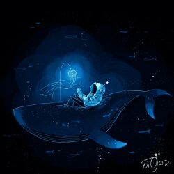 1other absurdres air_bubble ambiguous_gender astronaut book bubble commentary_request dark fish helmet highres holding holding_book jellyfish kazunoko_(kazunoko_zunoco) leaning_back original reading signature sitting solo space_helmet undersized_animal whale