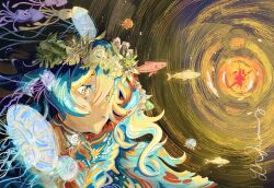 1girl aqua_hair dithering doodletavern fatutu faux_traditional_media fish highres jellyfish orange_eyes reverse:1999 signature solo squid