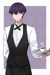 Rule 34 | 1boy, alternate costume, ars2hsn, closed eyes, closed mouth, coffee, highres, holding, holding plate, hoshina soshiro, kaijuu no. 8, male focus, plate, purple hair, simple background, smile, standing, upper body, waiter