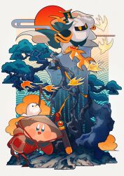 :d absurdres blue_cape blue_eyes bonsai border cape colored_skin egasumi glef_life hat highres holding holding_sword holding_weapon kirby kirby_(series) meta_knight nintendo open_mouth outside_border pink_skin rice_hat smile sword tree weapon white_border yellow_eyes