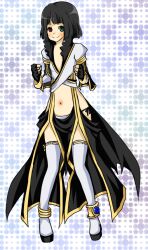 Rule 34 | 1girl, anklet, black gloves, black hair, black pants, black sandals, blue background, blush, bob cut, closed mouth, commentary request, crop top, fingerless gloves, flat chest, front slit, full body, gloves, green eyes, heterochromia, jewelry, looking at viewer, meiko (nattu303), navel, pants, ragnarok online, red eyes, ribbon-trimmed thighhighs, ribbon trim, sandals, shirt, short hair, smile, solo, standing, suspenders, thighhighs, warlock (ragnarok online), white background, white shirt, white thighhighs