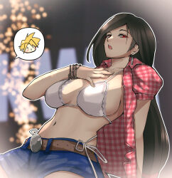 Rule 34 | 1340smile, 1boy, 1girl, belt, belt buckle, black hair, blonde hair, blue shorts, blurry, blurry background, bra, bracelet, breasts, brown belt, buckle, checkered clothes, checkered shirt, cloud strife, commentary, cosplay, denim, denim shorts, earrings, final fantasy, final fantasy vii, final fantasy vii remake, gingham shirt, hand on own chest, highres, jewelry, kwon eun-bi, kwon eun-bi (cosplay), lace, lace-trimmed bra, lace trim, large breasts, long hair, midriff, navel, open clothes, open mouth, open shirt, panties, plaid clothes, plaid shirt, real life, red eyes, red shirt, shirt, short shorts, short sleeves, shorts, side-tie panties, single earring, spiked hair, spoken character, stomach, tifa lockhart, underwear, white bra