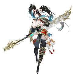 Rule 34 | 1girl, absurdres, armor, armored boots, bare shoulders, black hair, black thighhighs, blue eyes, blue hair, blunt bangs, boots, breasts, cleavage, commentary, english commentary, full body, gauntlets, groin, hair ribbon, highres, holding, holding scroll, holding weapon, horns, jjooxi, large breasts, long hair, mask, mask on head, multicolored hair, original, pelvic curtain, pinky out, red ribbon, ribbon, scroll, simple background, standing, thighhighs, twintails, two-tone hair, weapon, white background