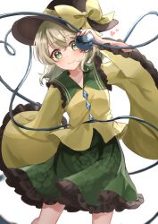 1girl absurdres black_hat blouse blush bow buttons closed_mouth commentary_request cowboy_shot diamond_button eyeball floral_print frilled_shirt_collar frilled_skirt frilled_sleeves frills green_eyes green_hair green_skirt hat hat_bow hat_ribbon heart heart_of_string highres ikeyan0677 koishi_day komeiji_koishi long_sleeves looking_at_viewer medium_hair ribbon rose_print shirt simple_background skirt smile solo standing third_eye touhou wavy_hair white_background wide_sleeves yellow_bow yellow_ribbon yellow_shirt