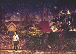 1girl bag brown_hair bush church collared_shirt commentary_request female_focus flower gemi hand_up ivy lamppost looking_to_the_side night night_sky original outdoors pantyhose shirt shorts shoulder_bag sky slice_of_life solo standing star_(sky) starry_sky tree wall white_shirt yellow_shorts