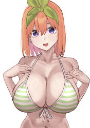 1girl absurdres alternate_breast_size bikini blue_eyes breasts cleavage collarbone commentary_request front-tie_bikini_top front-tie_top go-toubun_no_hanayome green_bikini green_ribbon hair_ribbon halterneck hands_up highres huge_breasts looking_at_viewer marimo_625 multicolored_bikini nakano_yotsuba navel open_mouth orange_hair ribbon short_hair simple_background solo string_bikini striped_bikini striped_clothes swimsuit two-tone_bikini upper_body white_background white_bikini