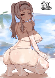 1girl areola_slip bikini blush breasts commentary covered_erect_nipples elbow_gloves gloves grey_hair headband highleg highleg_bikini highres karee_no_sekai kneeling large_breasts long_hair looking_at_viewer micro_bikini original parted_lips ponytail red_eyes shiny_skin skindentation smile solo string_bikini swimsuit symbol-only_commentary teeth thighhighs thong_bikini underboob wet white_bikini white_thighhighs