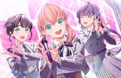 3girls :d aqua_eyes belt black_belt black_hair black_necktie blunt_bangs braid cerise_bouquet collared_shirt crossed_bangs dress dress_shirt dutch_angle flower_hands game_cg green_eyes grey_dress grey_jacket grey_skirt hair_bun hair_ornament hanamusubi_(love_live!) highres hinoshita_kaho holding holding_microphone jacket link!_like!_love_live! long_hair long_sleeves looking_at_viewer love_live! low_twin_braids low_twintails medium_hair microphone momose_ginko multiple_girls necktie official_alternate_hairstyle official_art open_clothes open_hands open_jacket open_mouth orange_hair otomune_kozue own_hands_together plaid_clothes plaid_dress plaid_jacket plaid_skirt pleated_dress purple_hair shirt short_hair short_necktie sidelocks single_hair_bun skirt smile stage star-shaped_buckle star_(symbol) star_hair_ornament teeth third-party_source twin_braids twintails upper_teeth_only virtual_youtuber white_shirt