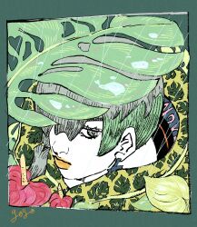 Rule 34 | 1boy, border, braid, commentary, commentary request, cropped shoulders, earrings, flower, gogosoftmachine, green border, green hair, grey eyes, grey hair, hair over one eye, highres, jewelry, jodio joestar, jojo no kimyou na bouken, leaf, long bangs, looking at viewer, male focus, multicolored hair, portrait, rain, short hair, signature, single braid, solo, the jojolands, two-tone hair, yellow lips