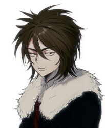 Rule 34 | 1boy, black eyes, black jacket, brener, brown hair, chinese commentary, commentary request, fur-trimmed jacket, fur trim, hair between eyes, highres, isoi reiji, jacket, male focus, open clothes, open jacket, red shirt, saibou shinkyoku, sanpaku, shirt, short hair, simple background, solo, upper body, white background