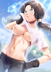 1girl absurdres bike_shorts black_gloves black_hair blue_eyes breasts cameltoe clothes_lift cloud collarbone day dragon_ball dragonball_z fingerless_gloves flying_sweatdrops gloves hand_on_own_hip highres large_breasts lifting_own_clothes light_rays long_hair navel nipples no_bra noshiro_tomoya outdoors parted_bangs shirt shirt_lift sky solo sunlight twintails videl white_shirt