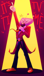 1boy absurdres ant_tenna arm_up belt black_pants deltarune emj4yart full_body gloves highres holding holding_microphone male_focus microphone necktie object_head pants pointing pointing_up red_necktie red_shirt red_shoes shirt shoes smile solo white_gloves