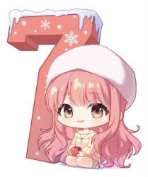 1girl ankle_ribbon apple bare_shoulders beret blunt_bangs brown_eyes chibi chinese_commentary commentary_request countdown_illustration cross cross_necklace eyelashes food fruit fur_hat hat highres holding holding_food holding_fruit ikur jewelry kneeling leg_ribbon light_blush long_hair long_sideburns long_sleeves looking_at_viewer mary_janes miniskirt miracle_nikki necklace nikki_(nikki) nikki_(series) off-shoulder_sweater off_shoulder open_mouth pink_hair pleated_skirt puffy_long_sleeves puffy_sleeves ribbon second-party_source shadow shoes sideburns simple_background skirt sleeves_past_wrists smile snow snowflakes solo sweater tareme teeth upper_teeth_only very_long_hair wavy_hair white_background white_hat white_ribbon white_shoes white_skirt winter_miracle_(miracle_nikki) yellow_sweater