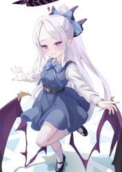 1girl absurdres ahoge alternate_costume alternate_hairstyle belt black_belt blue_archive blue_bow blue_bowtie bow bowtie buttons casual commentary_request demon_girl demon_horns demon_wings dress forehead full_body hair_bow hair_ribbon halo highres hina_(blue_archive) horns long_hair long_sleeves looking_at_viewer outstretched_arms parted_bangs pinafore_dress ponytail purple_eyes ribbon sidelocks simple_background sleeveless sleeveless_dress smile solo spread_arms standing standing_on_one_leg teritama_(teritama_house) wavy_hair white_background white_hair wings