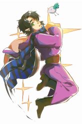 1boy belt biamaoosrhrs bird black_hair black_scarf blue_scarf boots brown_boots commentary full_body green_eyes highres hood hood_down long_sleeves looking_at_viewer male_focus nintendo open_mouth pointy_ears purple_robe ravio robe scarf sheerow smile solo sparkle striped_clothes striped_scarf the_legend_of_zelda the_legend_of_zelda:_a_link_between_worlds white_background
