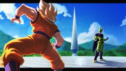 Rule 34 | 2boys, absurdres, battle, black wings, blonde hair, blue footwear, blue sky, blurry, blurry background, boots, cell (dragon ball), cloud, colored skin, dougi, dragon ball, dragonball z, fighting stance, from behind, green skin, highres, medium hair, mountain, multiple boys, orange pants, orange shirt, outdoors, pants, perfect cell, shirt, short sleeves, sky, sleeveless, sleeveless shirt, son goku, srojam, super saiyan, super saiyan 1, wings