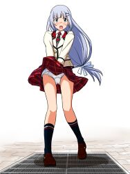Rule 34 | 1girl, black shoes, black socks, blazer, blue eyes, blue ribbon, blush, brick floor, clothes lift, commentary request, crotch seam, dress shirt, frown, full body, grate, grey hair, hair ornament, hair ribbon, hairclip, highres, idolmaster, idolmaster million live!, idolmaster million live! theater days, jacket, kneehighs, lielos, loafers, long hair, looking at viewer, low-tied long hair, miniskirt, neckerchief, open mouth, panties, pantyshot, plaid clothes, plaid skirt, pleated skirt, red neckerchief, red skirt, ribbon, school uniform, shiraishi tsumugi, shirt, shoes, simple background, skirt, skirt lift, skirt tug, socks, solo, standing, sweatdrop, underwear, v-shaped eyebrows, very long hair, white background, white jacket, white panties, white shirt, wind, wind lift