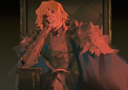 1boy absurdres armor armored_gloves black_armor black_gloves blonde_hair blue_cape breastplate cape chinese_commentary closed_mouth commentary_request dimitri_alexandre_blaiddyd dimitri_alexandre_blaiddyd_(timeskip) elbow_rest eyepatch fire_emblem fire_emblem:_three_houses fur-trimmed_cape fur_trim gloves hair_behind_ear hair_between_eyes hand_on_own_face highres looking_to_the_side male_focus moxom nintendo one_eye_covered sideways_glance sitting sitting_on_throne solo throne white_fur
