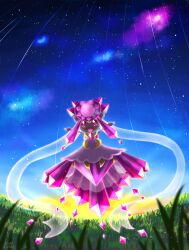 :d arms_up colored_sclera commentary_request diancie dress floating full_body gem gen_6_pokemon grass heart-shaped_gem highres lai_(pixiv1814979) legendary_pokemon mega_diancie mega_pokemon meteor_shower mythical_pokemon night night_sky nintendo no_humans open_mouth outdoors pink_eyes pink_gemstone pokemon pokemon_(creature) pokemon_focus red_sclera ribbon signature sky smile solo star_(sky) starry_sky white_dress white_ribbon