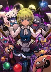 1girl ascot black_eyes blonde_hair blue_skirt blue_thighhighs blunt_bangs blush_stickers bow bowtie cannibox chest_of_drawers crown dracky dragon_quest dragon_quest_x expressionless fangs female_focus frown glowing glowing_eyes goodybag_(dragon_quest) holding_hands imp_(dragon_quest) long_sleeves long_tongue looking_at_viewer monster monster_master_(dragon_quest_x) moumon purple_eyes ribbon_trim sack sharp_teeth short_hair skirt skirt_set solo staff striped_clothes striped_thighhighs tansu_mimic teeth thighhighs toi_(toiot) tongue tongue_out vertical-striped_clothes vertical-striped_thighhighs yellow_eyes zettai_ryouiki