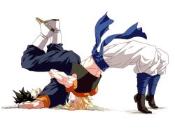 2boys abs attack back black_hair black_shoes black_vest blonde_hair blue_dougi blue_pants blue_sash blue_shirt boots cropped_vest dougi dragon_ball dragon_ball_super dragon_ball_super_broly earrings full_body gloves gogeta jewelry male_focus medium_hair metamoran_vest multiple_boys muscular muscular_male no_shirt open_clothes open_vest orange_undershirt pants potara_earrings sash shaded_face shirt shirtless_male shoes short_sleeves sleeveless spiked_hair super_saiyan suplex trait_connection undershirt vegetto vest white_boots white_gloves white_pants