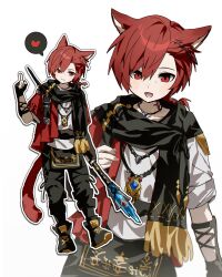 1boy absurdres animal_ears archon_mark black_boots black_gloves black_pants black_scarf boots cat_boy cat_ears cat_tail chu_yeon final_fantasy final_fantasy_xiv fingerless_gloves full_body g&#039;raha_tia gloves heart highres holding holding_staff index_finger_raised jacket looking_at_viewer male_focus miqo&#039;te multiple_views neck_tattoo open_mouth outline pants red_eyes red_hair red_jacket scarf shirt short_hair simple_background smile spoken_heart staff swept_bangs tail tattoo white_background white_outline white_shirt