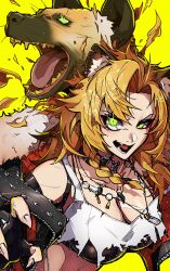 1girl absurdres animal_ear_fluff belt_collar black_bra black_collar black_gloves black_jacket blonde_hair bra braid breasts chromashift cleavage collar fangs fingerless_gloves fingernails fur-trimmed_jacket fur_trim gloves green_eyes hashtag-only_commentary highres hyena hyena_ears hyena_girl jacket jewelry large_breasts long_hair looking_at_viewer necklace open_clothes open_jacket open_mouth scar scar_on_breasts sharp_fingernails simple_background single_braid solo studded_jacket tank_top teru_(asa_hi_t) torn_clothes torn_tank_top underwear upper_body virtual_youtuber white_tank_top yellow_background yena_youngblood
