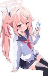 1girl :o acchii_(akina) ahoge arm_at_side black_sailor_collar black_skirt black_thighhighs blue_archive blush bright_pupils cardigan commentary_request feet_out_of_frame hair_between_eyes halo hand_up highres holding holding_milk_carton invisible_chair long_hair looking_at_viewer milk_carton miniskirt natsu_(blue_archive) neckerchief open_mouth pink_hair pink_halo pleated_skirt red_eyes red_neckerchief sailor_collar side_ponytail sidelocks simple_background sitting skirt sleeves_past_wrists solo thighhighs white_background white_cardigan white_pupils zettai_ryouiki