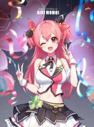 1girl ;d balloon bare_shoulders black_ribbon blurry blurry_background blurry_foreground bow breasts cherrymeing confetti crop_top depth_of_field detached_sleeves hair_ribbon long_hair looking_at_viewer medium_breasts midriff miniskirt momoi_airi navel one_eye_closed open_mouth pink_hair pleated_skirt project_sekai red_eyes ribbon shirt skirt sleeveless sleeveless_shirt smile solo stomach v virtual_youtuber white_shirt white_skirt wing_collar wrist_cuffs