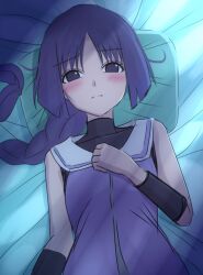 1girl blush boruto:_naruto_next_generations closed_mouth highres kakei_sumire lelie_(lelie_link) long_braid long_hair looking_at_viewer lying naruto_(series) on_back on_bed pillow purple_eyes purple_hair purple_shirt shirt shirt_under_shirt sleeveless sleeveless_shirt solo