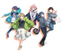 absurdres animal black_hair blue_eyes blue_hair blush breasts brown_eyes brown_hair chihuahua chikuwa_(yurucamp) closed_mouth dog fang glasses green_eyes hair_between_eyes helmet highres holding hood hoodie inuyama_aoi jacket kagamihara_nadeshiko long_hair long_sleeves looking_at_viewer multiple_girls oogaki_chiaki open_mouth pink_hair purple_eyes purple_hair saitou_ena shima_rin short_hair simple_background smile thick_eyebrows white_background yas_(yosiyasuyasu) yurucamp