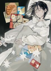 1girl black_hair blanket closed_eyes envelope highres long_sleeves nightgown original package pillow sleeping solo sugarlisu under_covers