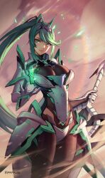 1girl armor artist_name black_bodysuit bodysuit breasts chest_jewel core_crystal_(xenoblade) cow green_eyes green_hair high_ponytail highres holding holding_sword holding_weapon large_breasts phrecklesart pneuma_(xenoblade) ponytail solo sword tiara weapon white_armor xenoblade_chronicles_(series) xenoblade_chronicles_2