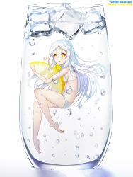 1girl air_bubble barefoot bikini blush breasts bubble cup drinking_glass female_focus food from_side fruit full_body highres ice ice_cube in_container in_cup lemon lemon_slice long_hair looking_at_viewer open_mouth original plantar_flexion sideboob simple_background small_breasts solo swimsuit the_cold twitter_username white_background white_bikini white_hair yellow_eyes