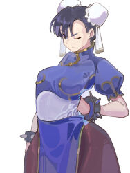Rule 34 | 1girl, arms behind back, black hair, bracelet, bun cover, capcom, china dress, chinese clothes, chun-li, closed mouth, commentary request, double bun, dress, gold trim, hair bun, highres, jewelry, one eye closed, ooiwa (irc14786149), simple background, solo, spiked bracelet, spikes, standing, street fighter, white background