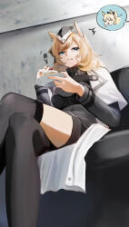 1girl 55oyatu animal_ear_fluff animal_ears arknights black_hat black_thighhighs blemishine_(arknights) blonde_hair blue_eyes cake commentary_request eating feet_out_of_frame food fork from_below garrison_cap hat highres holding holding_fork holding_plate horse_ears horse_girl indoors long_hair long_sleeves plate sitting solo spoken_character thighhighs whislash_(arknights)