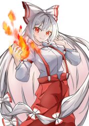 1girl absurdres armband bow fire fujiwara_no_mokou gradient_background hair_bow highres long_hair looking_at_viewer pants red_eyes red_pants shirt solo suspender_pants suzukiairi0001 touhou white_hair white_shirt