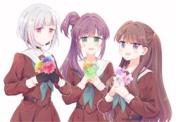 3girls :d absurdres aqua_neckerchief black_choker blue_flower blue_rose blush bob_cut brown_dress brown_hair choker closed_mouth colored_inner_hair commentary_request diagonal_bangs dress flower flower_stand_art fujishima_megumi gerbera green_eyes green_flower hair_bun hair_intakes hair_ornament hasu_no_sora_school_uniform highres holding holding_flower inverted_bob link!_like!_love_live! long_hair long_sleeves looking_at_viewer love_live! multicolored_hair multiple_girls neckerchief o-ring o-ring_choker open_mouth orange_flower otomune_kozue pink_flower pleated_dress purple_eyes purple_flower purple_hair red_flower red_hair red_rose rose sailor_collar sailor_dress school_uniform short_hair side_ponytail sidelocks simple_background single_side_bun smile star_(symbol) star_hair_ornament streaked_hair two_side_up virtual_youtuber watage_modoki white_background white_flower white_hair white_sailor_collar winter_uniform yellow_flower yellow_rose yugiri_tsuzuri
