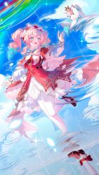 1girl aqua_eyes aqua_hair blue_sky breasts chirippu cloud dress drill_hair hashtag-only_commentary hat highres honkai:_star_rail honkai_(series) hyacine_(honkai:_star_rail) little_ica_(honkai:_star_rail) multicolored_hair pantyhose pink_hair rainbow red_dress red_hat reflection reflective_water sky twin_drills two-tone_hair white_pantyhose