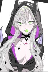 1girl body_markings breasts candy choker cleavage demon_wings fate/grand_order fate_(series) food green_eyes grey_hair hood hood_up jacket lilith_(fate) lollipop lollipop_in_mouth long_hair looking_at_viewer simple_background solo twintails upper_body white_background wings yurumawari