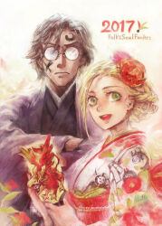 1boy 1girl 2017 blonde_hair braid brown_hair crossed_arms ellen_(folkssoul) facial_mark flower folkssoul glasses green_eyes hair_flower hair_ornament japanese_clothes keats_(folkssoul) oboro_(kazegoyomi) signature teeth upper_body upper_teeth_only