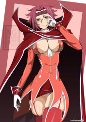 1girl artist_name blue_eyes blush breasts cape code_geass cosplay cuffs female_focus garter_straps gloves headband highres kouzuki_kallen large_breasts lelouch_vi_britannia_(cosplay) looking_at_viewer medium_hair parted_bangs railtracer8888 red_hair red_headband skindentation skirt thighhighs watermark white_gloves wrist_cuffs